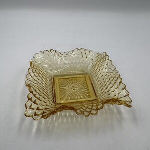 MCM Federal Glass Amber Square Shape Diamond Point Ruffled Candy/Trinket Dish